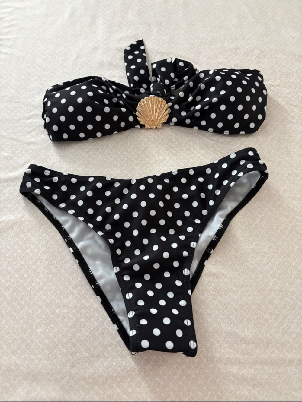 Black & White Polka Dot Bikini Set with Gold Shell Accent